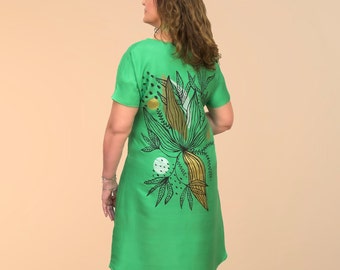 Handpainted green dress, pure silk dress, silk dress, handmade silk dress, dress with design, made in Greece by Kalfas