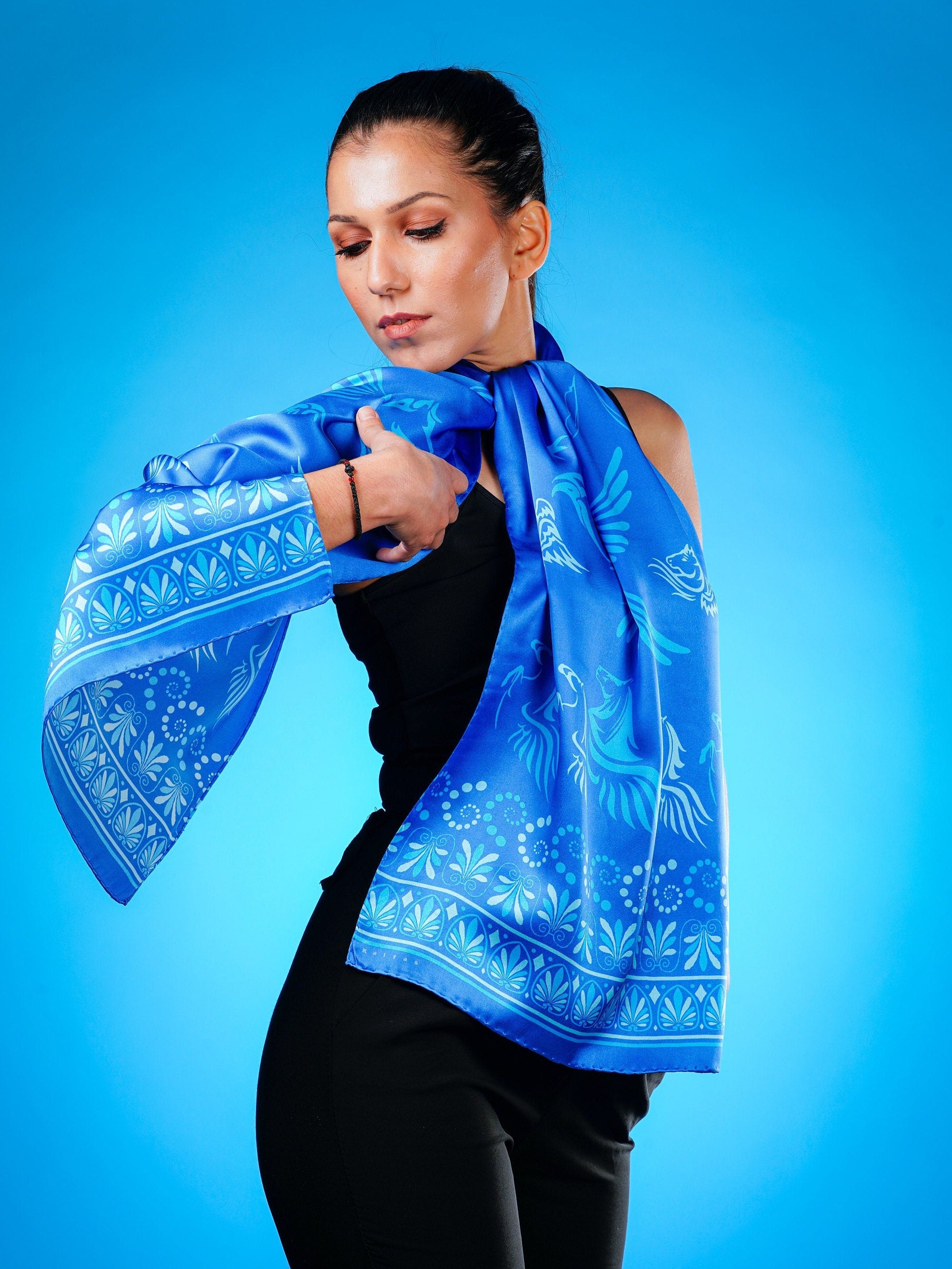 ハンドメイドシルクスカーフ、ブルースカーフ、ロングスカーフ