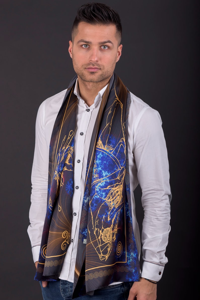 Black and blue silk scarf, pure silk scarf, unisex gift, unisex scarf, gift for her, silk scarf men, made in Greece by Kalfas zdjęcie 1