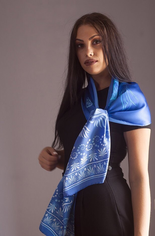 ハンドメイドシルクスカーフ、ブルースカーフ、ロングスカーフ