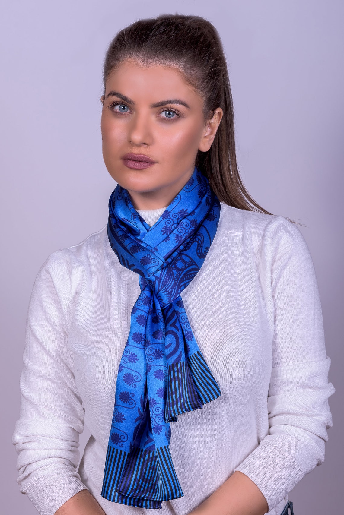 Long Scarf Women Blue Silk Scarf Wrap Scarf Blue Scarf Etsy