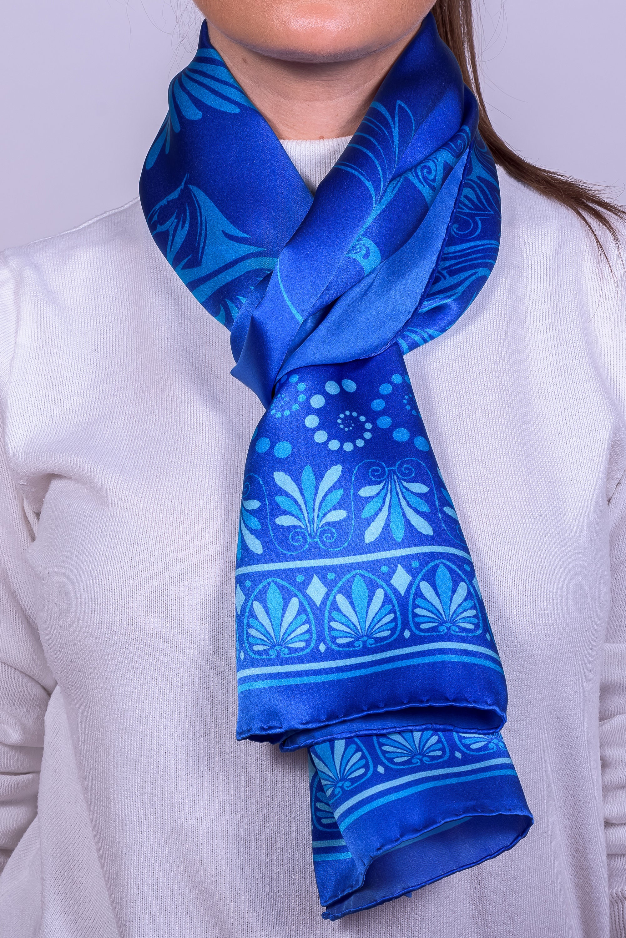 ハンドメイドシルクスカーフ、ブルースカーフ、ロングスカーフ