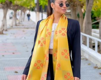 Golden yellow scarf, silk scarf, yellow scarf, unisex scarf, handmade gift, unisex gift, made in Greece by Kalfas