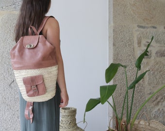 Straw leather backpack, bohemian bag, sac à dos en cuir, sac bohème, summer backpack holidays bag, Strohrucksack, zaino di skin.