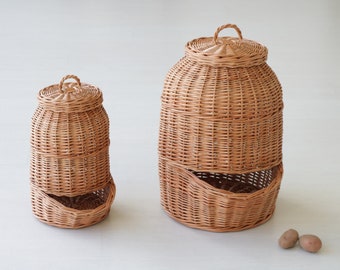 Small wicker onions and potatos storage, basket for kitchen, woven basket with lid, basket organization vegetables and fruits storage