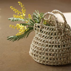 May include: A woven basket with two handles, filled with yellow mimosa flowers and green foliage. The basket has an open weave design and is made of a light-colored natural material. The background is a neutral, warm tone.