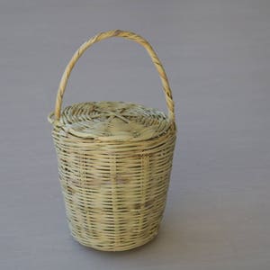 Jane Birkin Basket small, Handmade in Portugal, basket with lid, Handwoven Birkin Basket, cane basket, round basket bag, vegan bag 画像 3