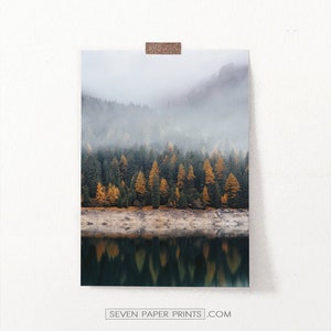 Fall Forest Wall Art, Nordic Mountain in Fog Print, Yellow Trees Photo, Reflection Lake, Modern Autumn Shipped Print, Colorful Nature Art