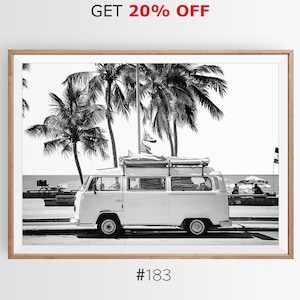 Black And White Van Wall Art, Retro Combi Bus, California Beach Print, Tropical Ocean Coastal Photo, Boho Palm Tree Decor, Modern Surfboard