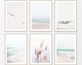 Coastal Set of 6, Pastel Surfing Wall Art, Ocean Wave Aerial Photo, Modern Reeds Poster, Digital Beach Seagull, Tropical Surf Printable