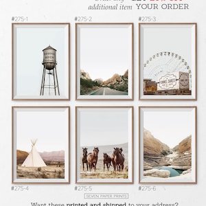 Southwestern Travel Set of 6, Modern National Park Print, Road Big Bend, Texas Ferris Wheel, Canyon Lake , Horses in Fields, Water Tower