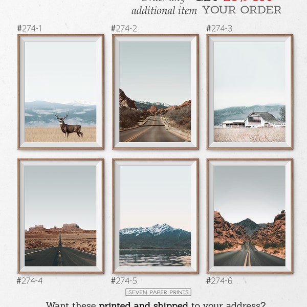 Set da viaggio moderno di 6, arte della parete della natura del Colorado, stampa del Grand Canyon, strada digitale, poster del Giardino degli Dei, foto dei campi marroni dei cervi