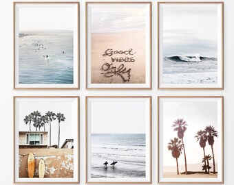 Decoración de surf de arte de pared del océano. Conjunto de playa de verano con estampados de palmeras de California. Ideas de regalo. Imprimible en 6 piezas de color naranja quemado