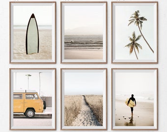 Conjunto de arte de surf de California de 6, impresión moderna de furgoneta amarilla, costa del océano, foto de palma digital, ola de mar boho, cartel de camino de playa, decoración de verano