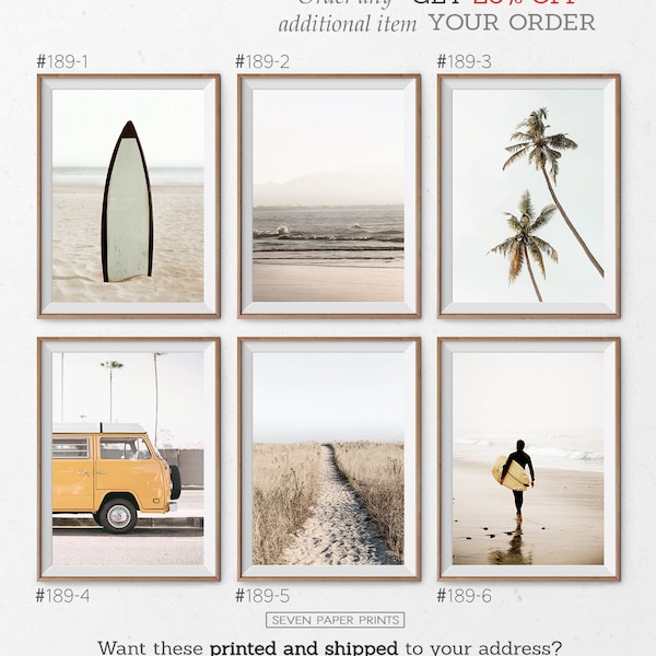 California Surf Art Set of 6, Modern Yellow Van Print, Ocean Coastal, Digital Palm Photo, Boho Sea Wave, Beach Path Poster, Summer Decor