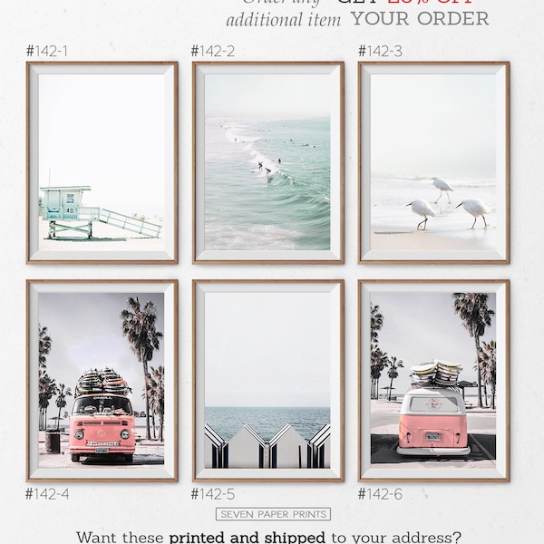 California Beach Art, Santa Monica Beach, Lifeguard Tower, Beach Set of 6, Retro Van, Surf Decor, Set of 6 Prints, Coastal Wall Art, Photo