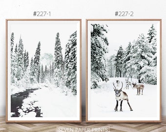 Conjunto de 2 impresiones de escenas navideñas. Arte de pared díptico de paisaje invernal con renos y río en un bosque cubierto de nieve