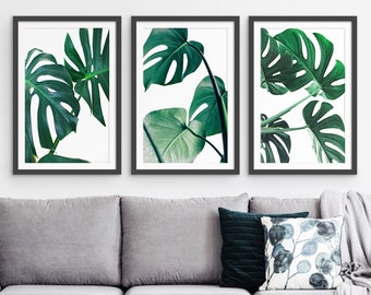 Framed set of 3 Monstera Prints, Monstera Leaves Framed, Black Frames, White frames for set of 3, Frame size 24x36, Frame with mat and print
