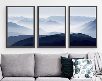 Framed Mountain Wall Art Set of 3, Scandinavian Landscape Print, Blue Nordic Nature Photo, Foggy Scenery Poster for Modern Bedroom Decor