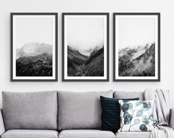 Framed Set of 3 Mountain Prints, Large Framed Snow Mountain Print Set, Mountain 3 Piece Landscape Decor, Mountain photography framed set
