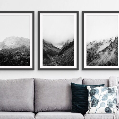 Framed Mountain Wall Art Set of 3 Scandinavian Landscape Etsy