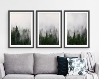 Set of 3 Forest Framed Print, Foggy Nature Wall Art, Scandinavian Pine Trees Photo, Nordic Firs Poster, Modern Green Decor