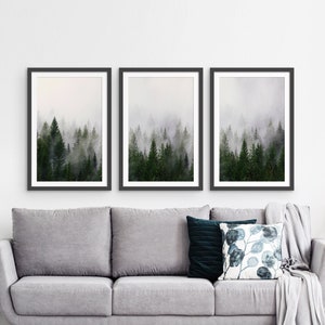 Set of 3 Forest Framed Print, Foggy Nature Wall Art, Scandinavian Pine Trees Photo, Nordic Firs Poster, Modern Green Decor