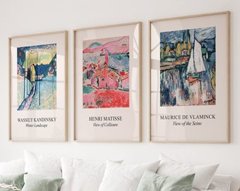 Henri Matisse, Wassily Kandinsky, Maurice de Vlaminck Set of 3 Prints, Vintage art, Famous Canvas Oil Wall Art, Classic Art Reproduction