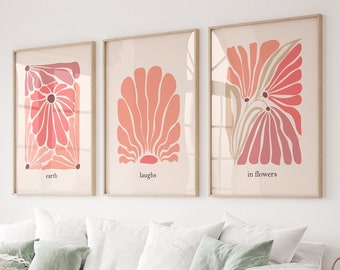 Matisse Flower Print Set of 3, Matisse Style Floral Art, Matisse Wavy Poster, Henri Matisse  Flower Print, Henri Matisse Framed Poster Pink