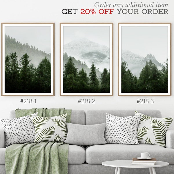 Set of 3 Green Mountain Forest Landscape Prints. Scandinavian Nature Printable with Foggy Trees. Misty Nordic Photo Poster