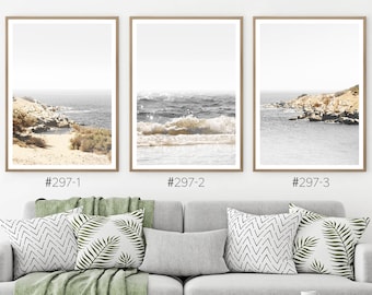 Coastal Wall Art Set of 3, Beach Cliff Print, Modern Ocean Wave Photo, Digital Aerial Sea Poster, Gray Coast Rocks Photography, Pastel Style