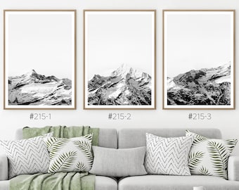 Arte de la pared de la montaña, conjunto en blanco y negro de 3, impresión del paisaje, cartel de la naturaleza nórdica, foto minimalista, fotografía digital, gama nevada