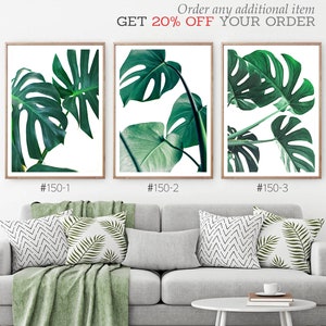 Monstera Leaves Print Set, 3 Piece Tropical Palm Leaf Wall Art,  Monstera Deliciosa, Tropical Plant, Botanical Art, Green Leaf