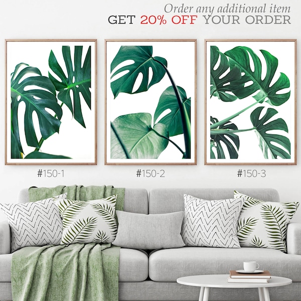 Monstera Leaves Print Set, 3 Piece Tropical Palm Leaf Wall Art,  Monstera Deliciosa, Tropical Plant, Botanical Art, Green Leaf