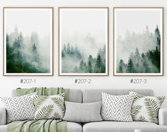 Conjunto de 3 impresiones de bosque brumoso Arte de pared brumoso. Cartel digital nórdico. Imagen de árbol imprimible con foto de abeto escandinavo verde