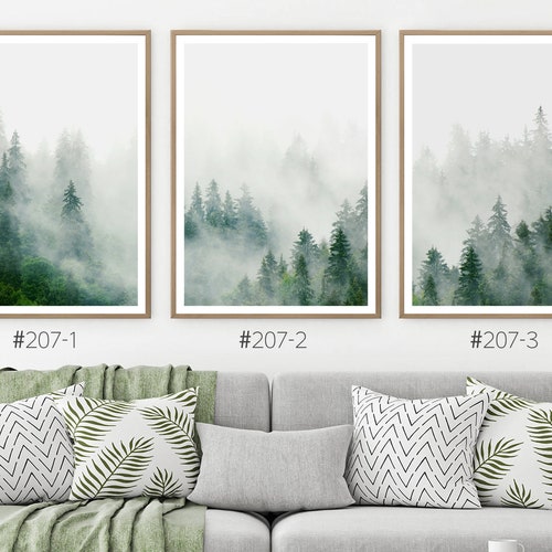 Minimalist Set of 3 Green Misty Mountain Forest Prints main image 1