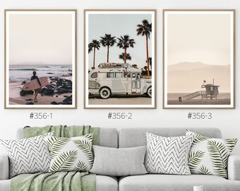 Set of 3 Surfer Prints with Woman, Vintage Beach Bus, Lifeguard Tower and Palms, Sunset Color Coastal Wall Art Set of 3 Prints, Pale Beach