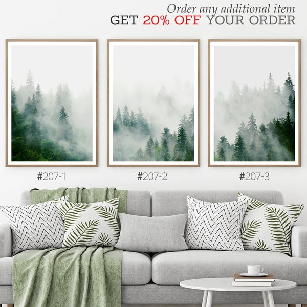 Set of 3 Foggy Forest Prints Misty Wall Art. Nordic Digital Poster. Printable Tree Picture with Green Scandinavian Spruce Photo