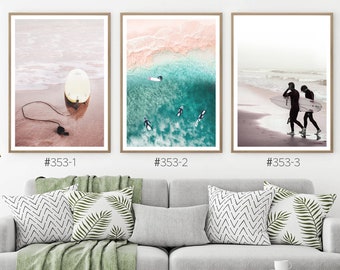 Large Digital Surf Print Set of 3, Surfboard on the Beach, Aerial View to the Surfers on waves, Pale Coastal Set of 3, Surf Wall Art Set