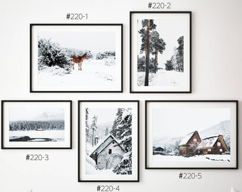 Winter Printable 5 Piece Holiday Decor. Christmas Wall Art Set. Cabins in Snowy Pine Tree Forest Photography