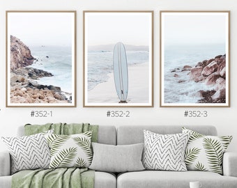 Faded Color Surf Set of 3 Prints, Surfer Ocean Coast Photography in Neutral Colors, Beautiful Coastal Photography in Set, Surfboard Print