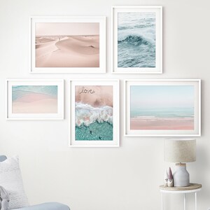 Art Print Set of 5, Beach Gallery Wall, Pink Ocean Beaches, Desert Color Wall Art, Waves Surfers and Sand Wall Print, Love Sand, Sea Aerial