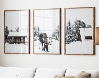 Framed Christmas Decor, 3 Pieces Large Framed Winter Art, Christmas Decor Set of 3 Prints Winter Wall Print, Holiday Framed Posters in Set