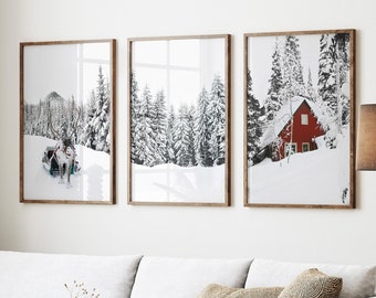 Framed Large Photography Snowy Pine Tree Winter Forest Print Set of 3, Winter Landscape Snowy Forest Nature Print Set, Christmas Snow Art