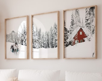 Conjunto imprimible de 3 piezas del País de las Maravillas de Invierno. Impresiones de arte mural de la galería navideña. Fotografía de naturaleza de cabañas, renos y árboles del bosque nevados