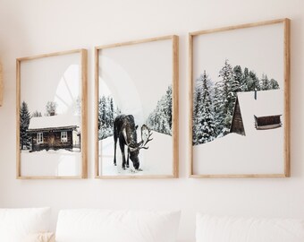 Impresión de alces, decoración de invierno, impresión del bosque de invierno, fotografía de invierno, impresión de Navidad, arte de la pared de Navidad, estado de ánimo de Navidad, bosque de árboles de nieve