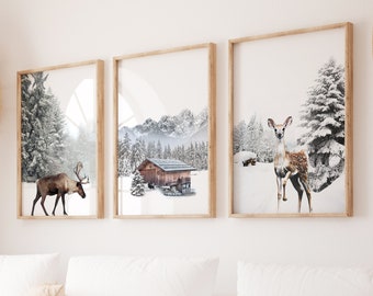 Animals in Winter Farm Set of 3, Large Farmhouse Rustic Wall Décor with Snowy Scenery and Animals, Snowy Landscape with Pines Wall Art Set