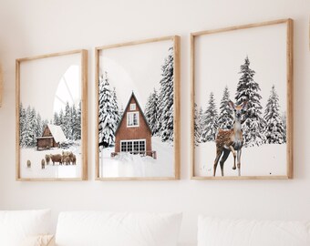 Christmas Wall Art Set in Rustic Style with Cabin, Sheep and Baby Gazelle, Snowy Farmhouse Christmas Print Set of 3, Cute Christmas Décor