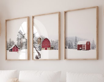 Old Red Barn in the Winter Landscape Print Set, Snowy Rustic Scenery With Christmas Mood, Christmas Print Set with Farmhouse, Snowy Barn