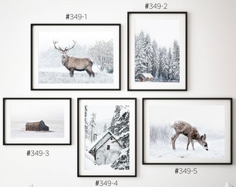 Digital Winter Set of 5 Christmas Prints in Modern Farmhouse Style. Set of 5 Deer and Scenery Digital Posters for Christmas Decoration.